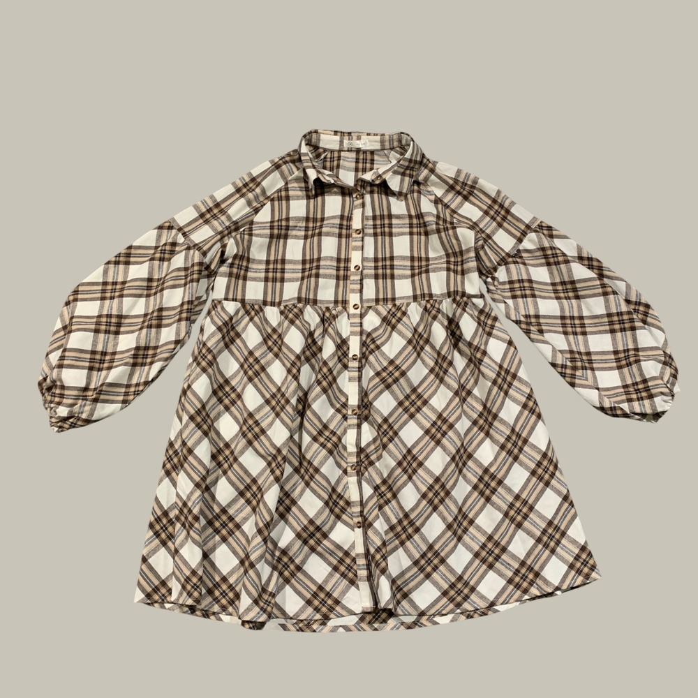 Liam & Co Plaid Babydoll Tunic Women 3XL Brown Collared Balloon Sleeve Button Up